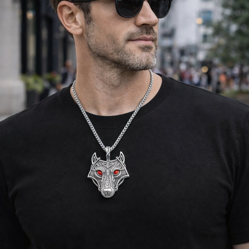 Celtic Wolf Head Pendant Necklace Nordic Amulet Viking Fenrir - Fashion Jewelry